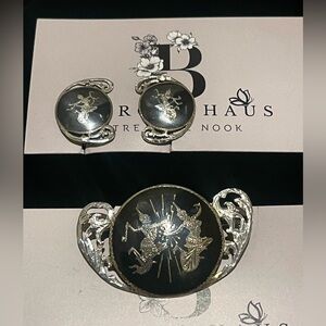 Vintage Siam 925 Sterling Silver Niello Goddess Brooch and Earrings Thailand Set